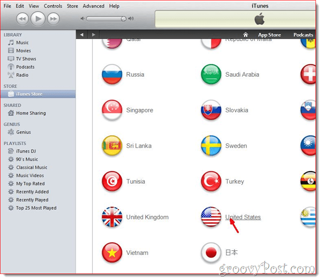 iTunes - Klik på United State Flag