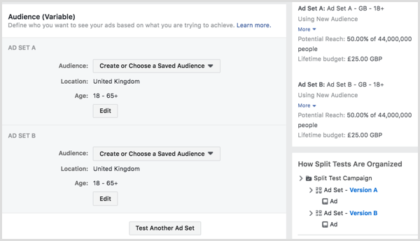 Opdel test, der kører dine Facebook-annoncer til to eller flere målgrupper.