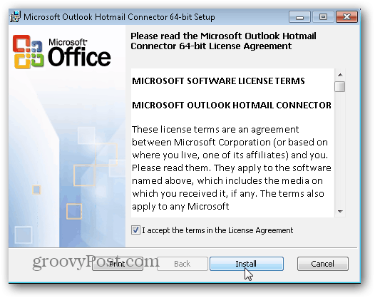 Outlook.com Outlook Hotmail Connector - Klik på Installer
