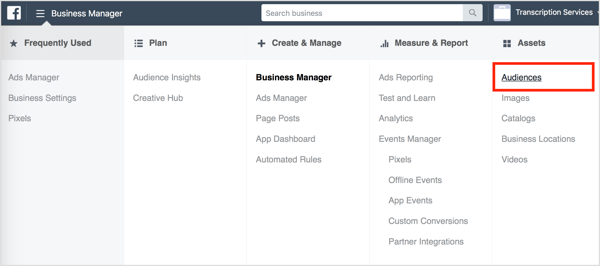 Vælg målgrupper i Facebook Business Manager.