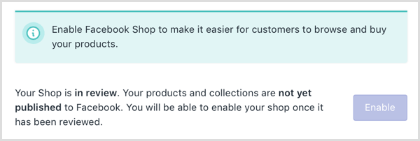 Shopify viser en online besked om, at din Facebook-butik er under gennemgang.