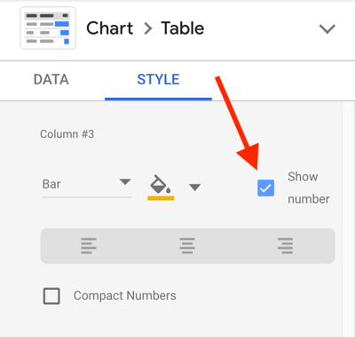 Brug Google Data Studio til at analysere dine Facebook-annoncer, trin 23, mulighed for at vise nummer for hver metric