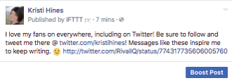 Sådan ser en lide tweet ud, når den deles til din Facebook-side via IFTTT.