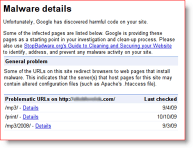 Google Webmasterværktøj Malware detaljer