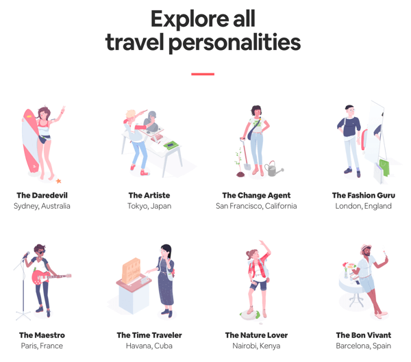 Eksempel på en side med alle resultater med resultater, som brugeren kan udforske fra Airbnbs Travel Matcher-quiz.