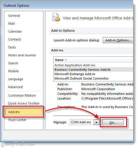 Outlook-tilføjelsesprogrammer> Gå
