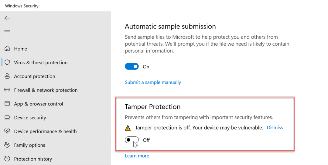 Sabotagebeskyttelse til eller fra på Windows 11