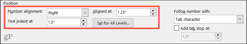 Placeringsindstillinger for multilevel lister i Word