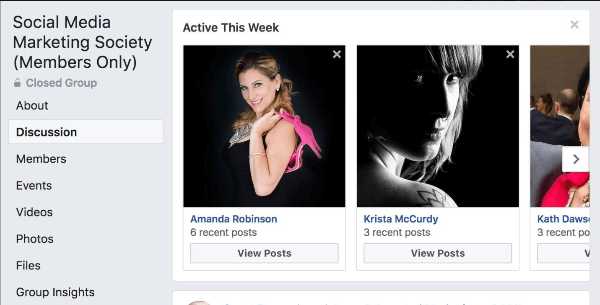 Facebook fremhæver, hvilke gruppemedlemmer der har været de mest aktive denne uge i gruppen.