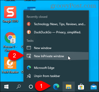 Vælg nyt InPrivate-vindue på Edge-ikonet på proceslinjen