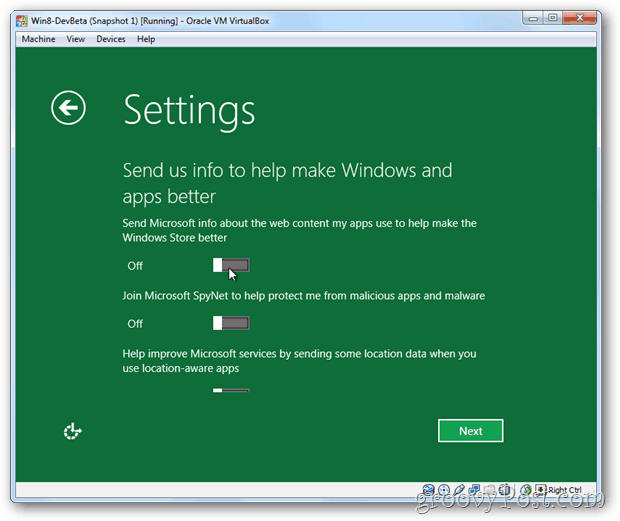 VirtualBox Windows 8 privatlivsinformation til Microsoft