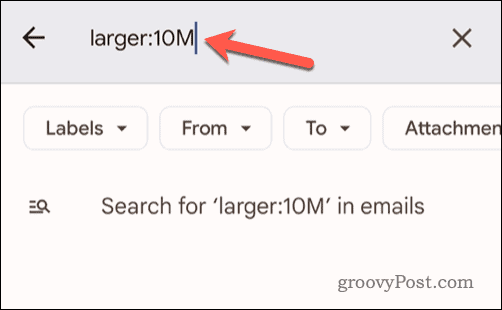 Indstilling af e-mailstørrelseskriterier i Gmail-søgelinjen på mobilen