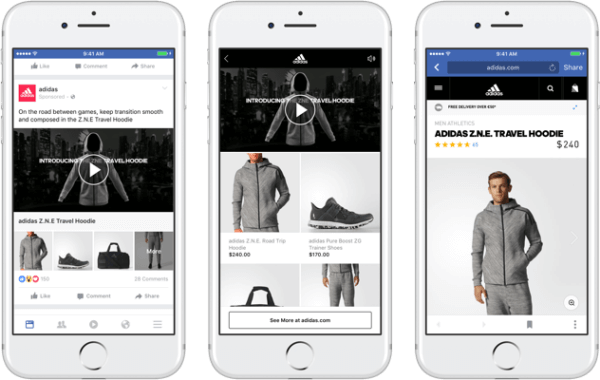 Med Facebooks nye annonceformat til samling kan mærker indeholde en primær video eller et billede, der fører til en fordybende, hurtigindlæst shoppingoplevelse på Facebook. 