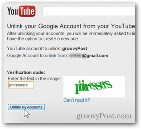 Knyt en YouTube-konto til en ny Google-konto - Klik på Fjern link til konti