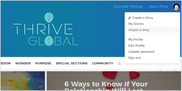 På Thrive Global kan du oprette en profil og indsende dine indlæg via deres dedikerede portal.