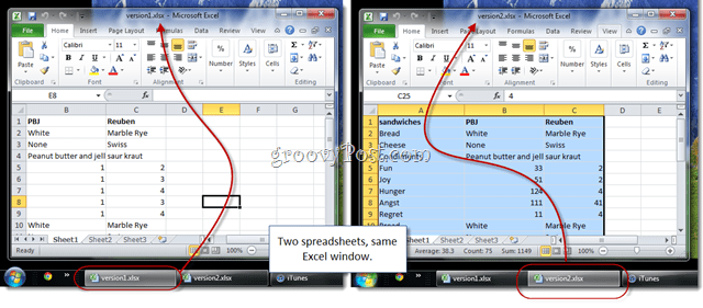 Sådan får du vist Excel 2010-regneark side om side for sammenligning
