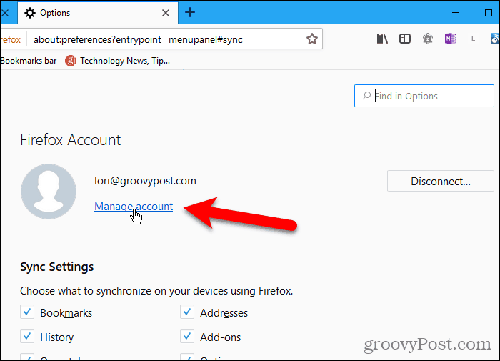 Klik på Administrer konto i Firefox til Windows