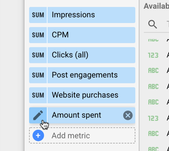 Brug Google Data Studio til at analysere dine Facebook-annoncer, trin 11, redigere metriske indstillinger for diagramdata