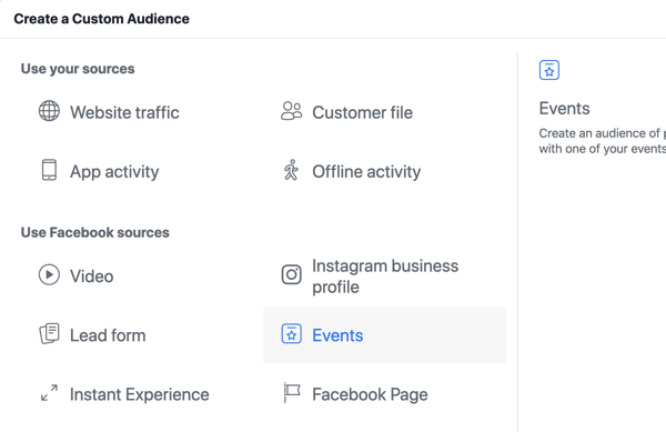 Sådan promoverer du din livebegivenhed på Facebook, trin 10, skab brugerdefineret publikum i Facebook Ads Manager baseret på sidevisninger af begivenheder