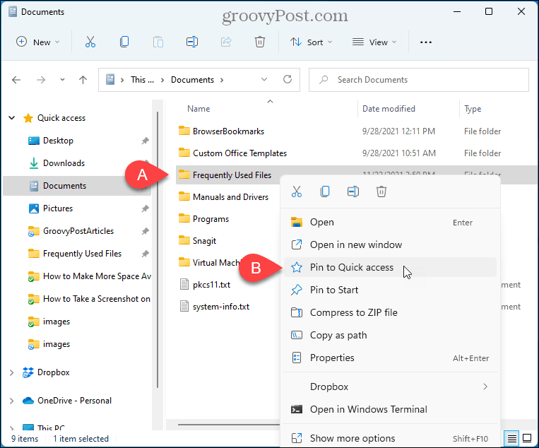 Vælg Fastgør til hurtig adgang i File Explorer