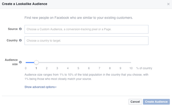 Du får vist disse muligheder, når du opretter et publikum, der ligner Facebook.