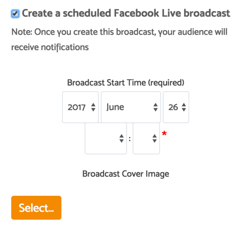 Når du klikker på afkrydsningsfeltet for at planlægge din udsendelse, kan du vælge en dato, et klokkeslæt og et forsidebillede.