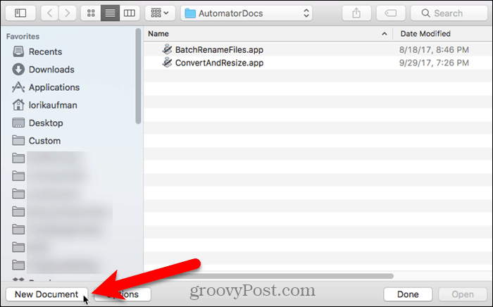 Klik på Nyt dokument i Automator på Mac