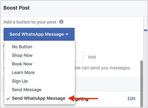 Vælg indstillingen Send WhatsApp-besked, når du øger et Facebook-indlæg.