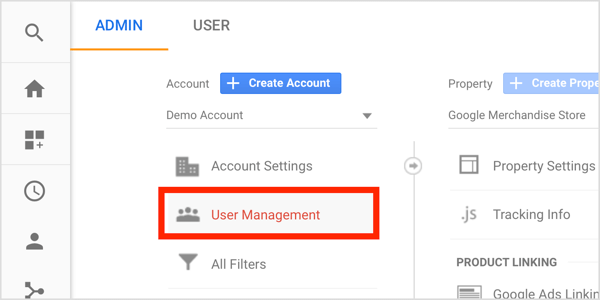 Klik på Brugeradministration i Google Analytics-admin-dashboardet under Konto.