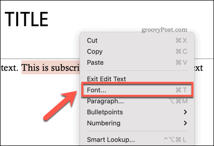 Adgang til menuen Skrifttyper i Powerpoint på Mac