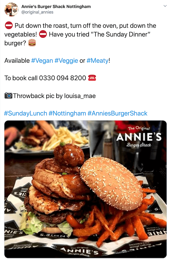 skærmbillede af Twitter-indlæg af @original_annies med et billede af en burger og søde kartoffelfries under en fængende beskrivelse, deres telefonnummer, billedkredit og hashtags
