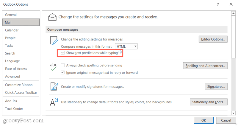 Aktivér tekstforudsigelser i Outlook på Windows
