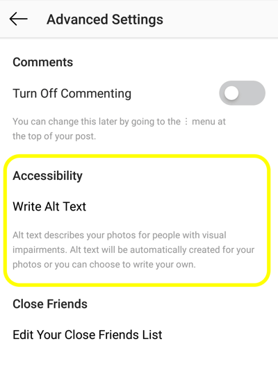 Sådan tilføjes alt-tekst til Instagram-indlæg, trin 2, tilgængelighed for Instagram-postindstilling for at indstille alt-tag