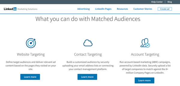 Opret LinkedIn-matchede målgrupper for at bruge webstedsretargeting, kontomålretning og kontaktmålretning med dine LinkedIn-annoncer.