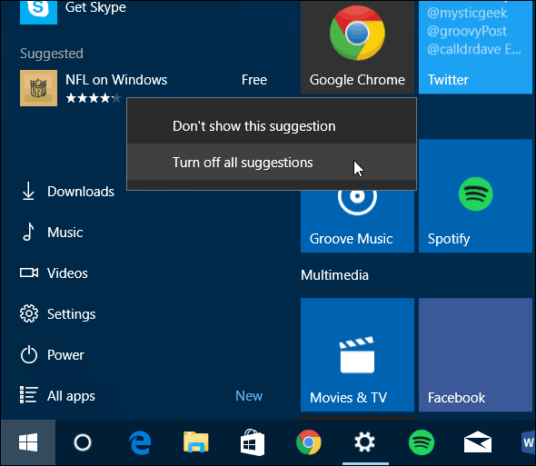Windows 10 Start Menu Sluk for de foreslåede apps