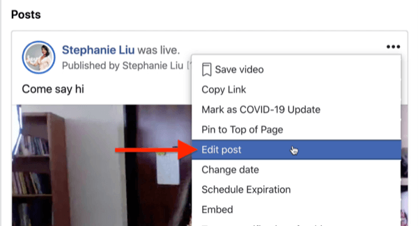 mulighed for at redigere indlægget på facebook live stream under menuen med tre prikker i øverste højre hjørne af stream posten
