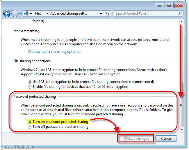 Sådan beskriver du adgangskode til deling i Windows 7