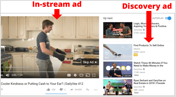 Eksempler på in-stream og opdagelses-AdWords-annoncer på YouTube.