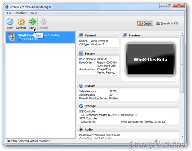 VirtualBox Windows 8 start vm