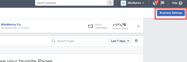 For at gøre krav på din Facebook-side skal du åbne Business Manager og klikke på Business Settings.