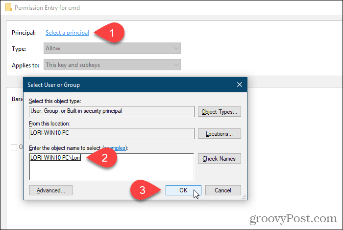 Klik på Vælg en hovedstol, og vælg en bruger eller gruppe for tilladelser i Windows-registreringsdatabasen