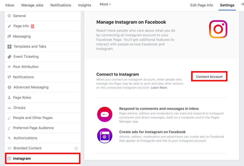 hvordan du forbinder Facebook-siden til Instagram-forretningskontoen i Facebook-sideindstillingerne