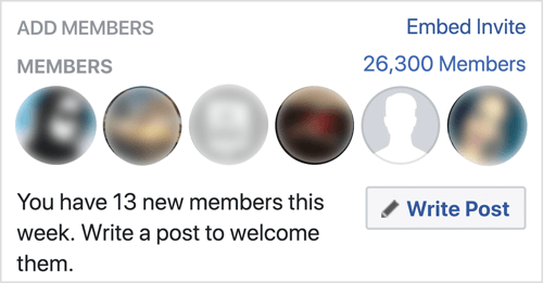 Klik på Skriv indlæg for at byde nye Facebook-gruppemedlemmer velkommen.