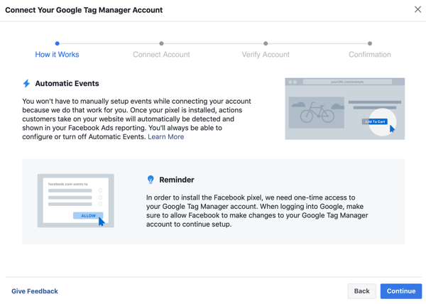 Brug Google Tag Manager med Facebook, trin 6, fortsæt-knap, når du forbinder Google Tag Manager til din Facebook-konto