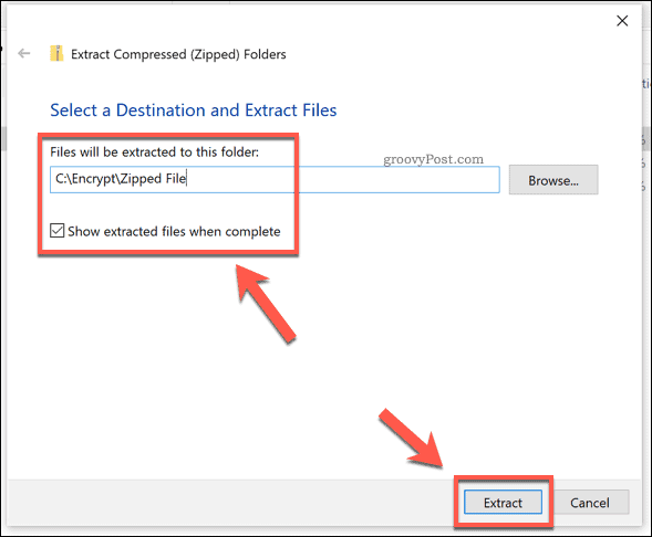 Ekstraktionsmulighederne for en Windows-zip-fil
