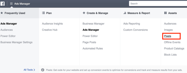 For at konfigurere Facebook-pixel skal du åbne Ads Manager for at vælge den.
