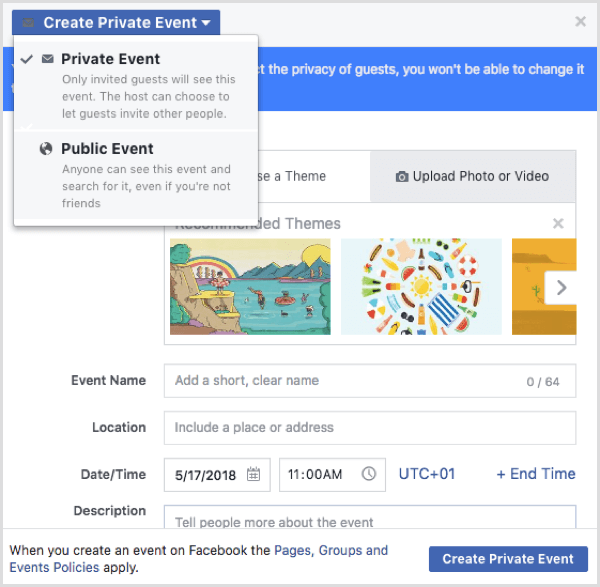 Indstillinger for Facebook-begivenhed, når du opretter en begivenhed fra en Facebook-profil