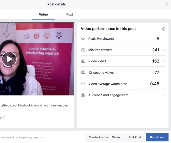 Vælg en video i dit Facebook-videobibliotek for at se præstationsmålinger.