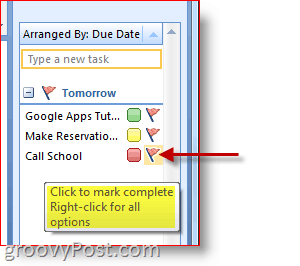 Opgavelinjen i Outlook 2007 - Klik på Opgaveflag for at markere fuldført