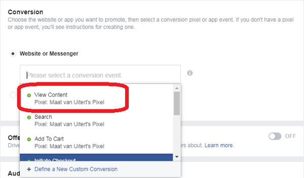 Hvis du valgte Konverteringer som dit Facebook Messenger-annoncemål, skal du vælge en konverteringshændelse.